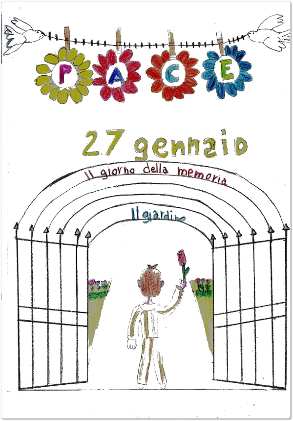 Il disegno realizzato da una piccola allieva della terza elementare rappresentante i cancelli di Auschwitz come un giardino di pace, donato al rabbino Dario Sutter Il disegno realizzato da una piccola allieva della terza elementare rappresentante i cancelli di Auschwitz come un giardino di pace, donato al rabbino Dario Sutter