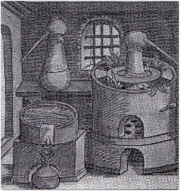 Alambicco a bagnomaria usato nell’Alchimia (Pietrandrea Mattioli). La distillazione a bagnomaria usata dagli Alchimisti è quella più favorevole alle trasmutazioni a debole energia e calore, che avvengono in Natura, nei vegetali e nell’organismo umano per produrre i secreti (“mistici” – “misteriosi”) ghiandolari endocrini ed esocrini. Dai “Discorsi” (1585)