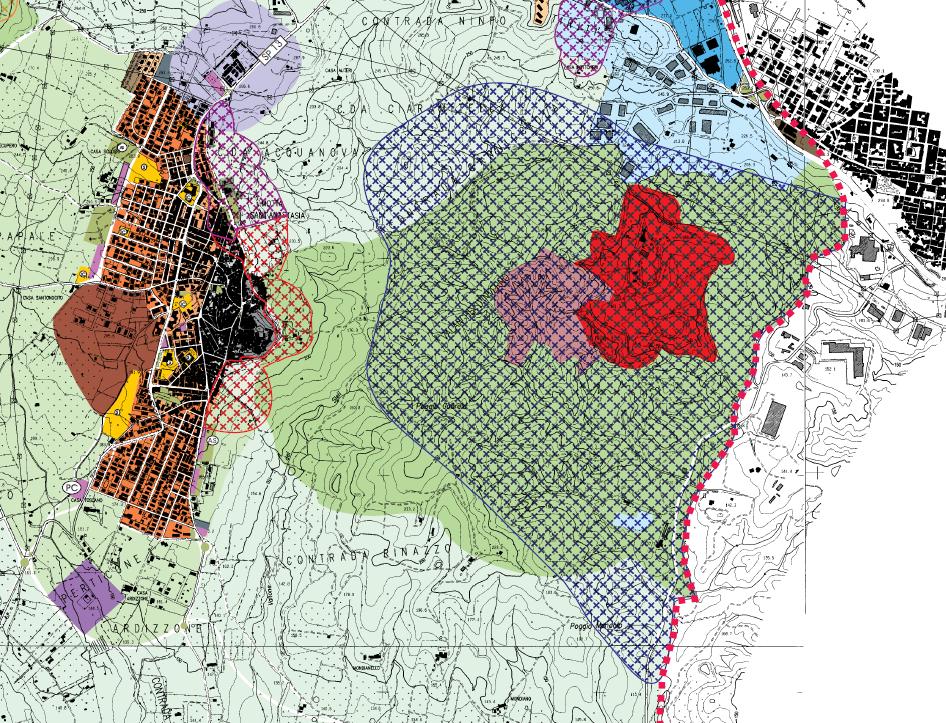 Estratto delle zonazioni territoriali del rischio del sistema collinare (dal PRG di Motta S.Anastasia) – R2/R3 ed R4. La R4 è la zona retinata di color rosso attorno al Neck che corrisponde ad un rischio molto elevato per la presenza degli abitanti. Mentre la R3 (zona retinata in viola) è classificata ad un rischio elevato e la zona R2 (zona retinata in blu, che include il P.gio Guardia e il vallone dei Sieli) è a rischio medio