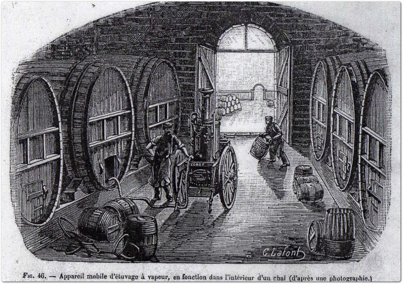 Cantina con un apparecchio a getto a vapore del 1890 per la disinfezione delle botti in legno usate nell'elaborazione, conservazione ed invecchiamento del vino.