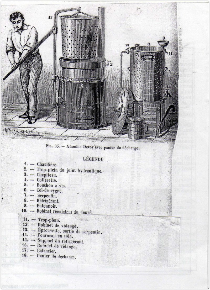 Distillatore Deroy usato nella distillazione delle vinacce, con caldaia e cestello ricaricabile, per l'ottenimento della grappa.