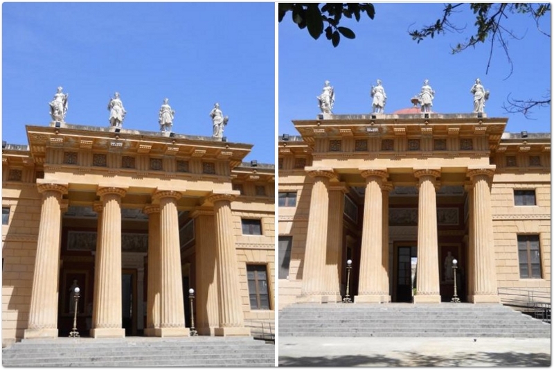 Ingresso anteriore del Gymnasium prospiciente il piazzale Bernardino da Ucria all'interno dell'Orto botanico di Palermo, dove in alto sono collocate le statue delle quattro stagioni: Primavera, Estate, Autunno ed Inverno Ingresso anteriore del Gymnasium prospiciente il piazzale Bernardino da Ucria all'interno dell'Orto botanico di Palermo, dove in alto sono collocate le statue delle quattro stagioni: Primavera, Estate, Autunno ed Inverno