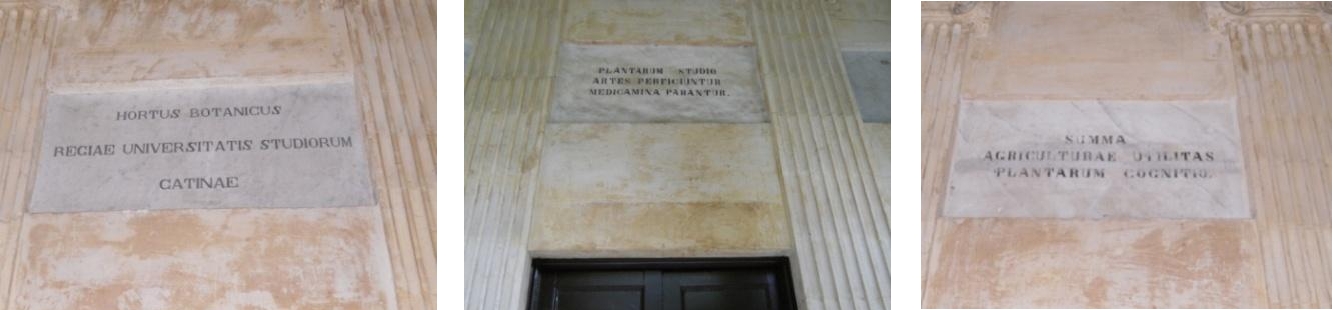 Lapidi con iscrizioni in latino che si ritrovano nel portico di ingresso dell'edificio monumentale dell'Orto Botanico di Catania