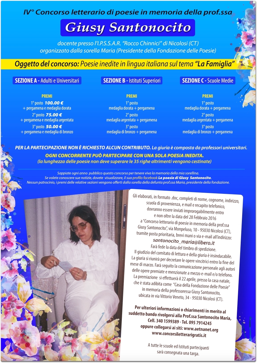 Concorso letterario di poesie in memoria della prof.ssa Giusy Santonocito IV Edizione