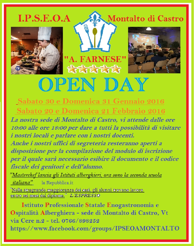 Open Day dell'Istituto Alberghiero di Montalto di Castro, sabato 30 e domenica 31 gennaio e sabato 20 e domenica 21 febbraio 2016