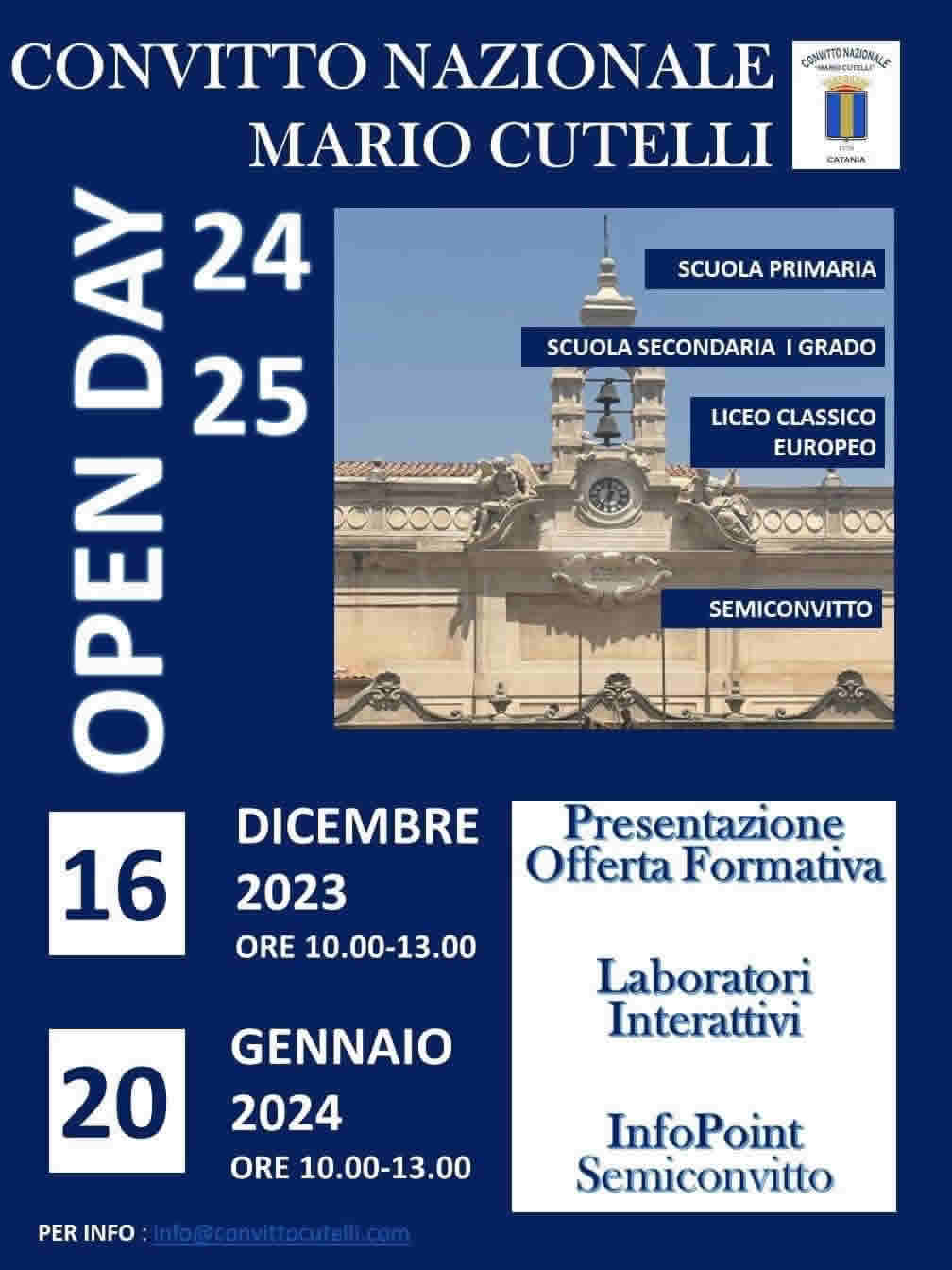 Open Day al Convitto Nazionale Mario Cutelli sabato 20 gennaio ore 10.00-13.00