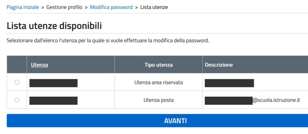 Tabella “Lista utenze disponibili” con le righe “Utenza area riservata” e “Utenza posta”