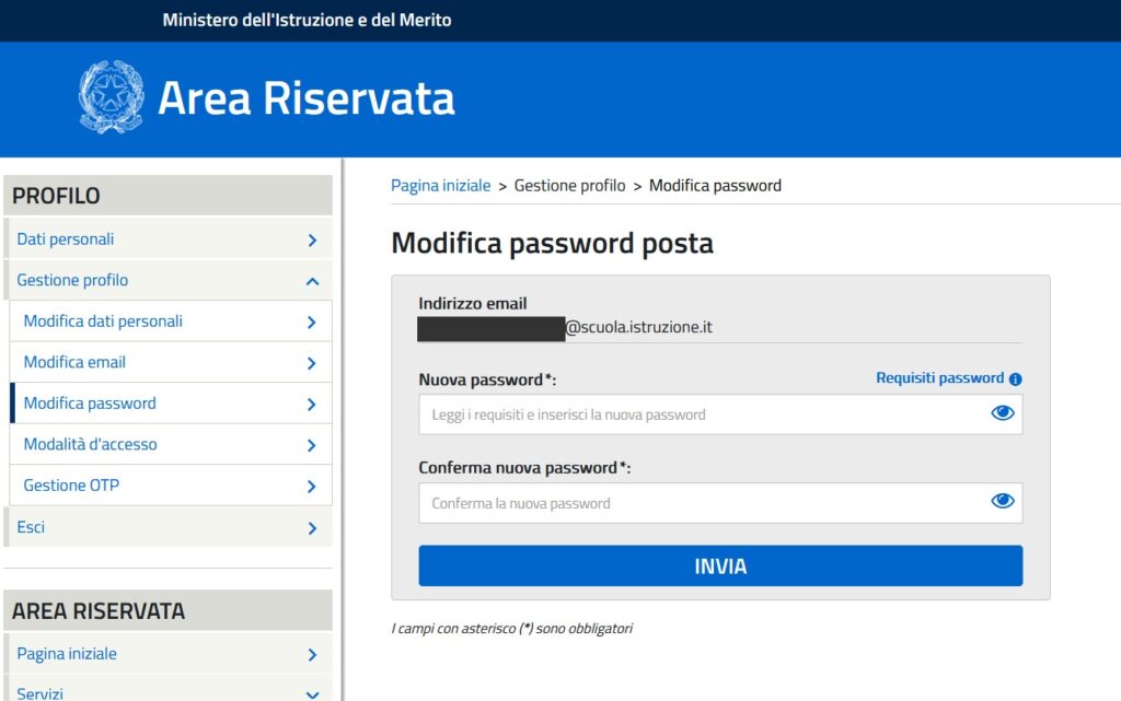 Modulo “Modifica password posta” con i campi “Nuova password” e “Conferma nuova password”