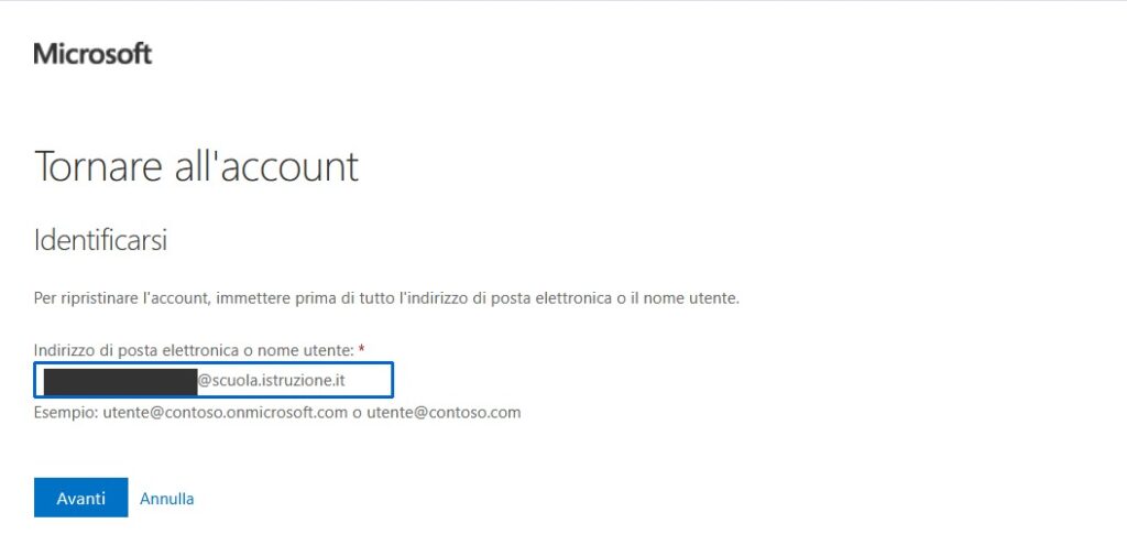 Schermata “Tornare all’account, Identificarsi” con il campo per l’indirizzo di posta