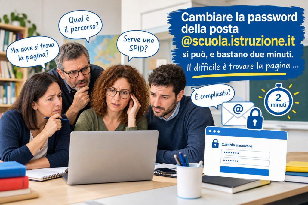 Quattro docenti perplessi davanti a un portatile, con i fumetti “Ma dove si trova la pagina?” e “Serve uno SPID?”
